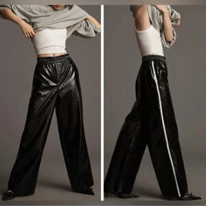 Maeve Shiny Black Wide Leg Pants with White Stripe